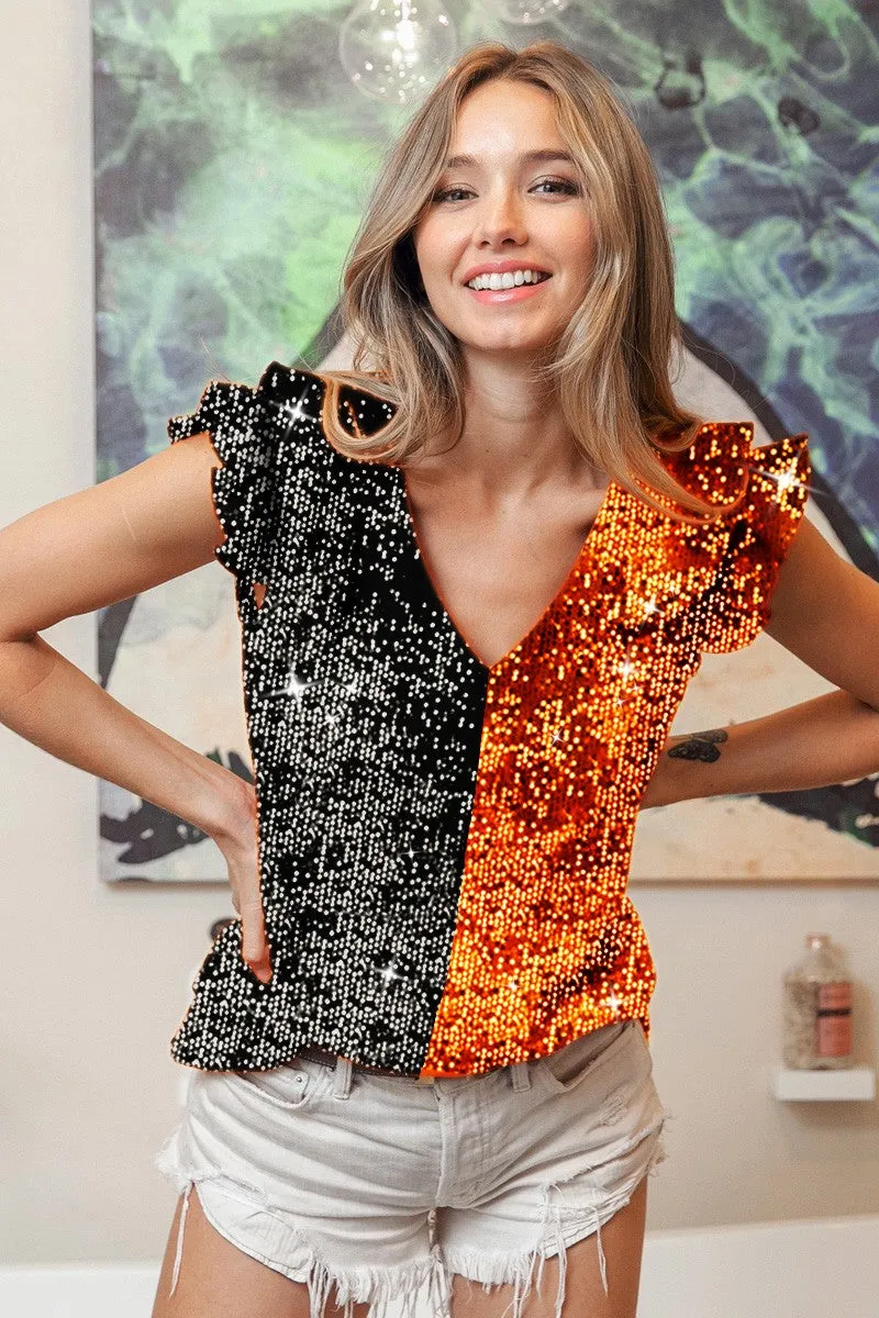 IP6659G-13 | GAME DAY COLOR BLOCK SEQUIN RUFFLED ARMHOLE TOP UV Protection