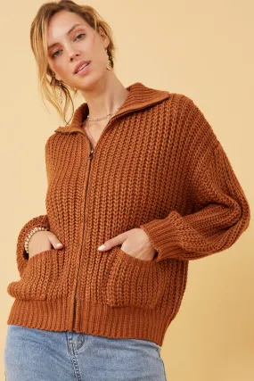 Zip Up Collared Puff Sleeve Knit Jacket NonIrritatingSeams Reinforced Zippers