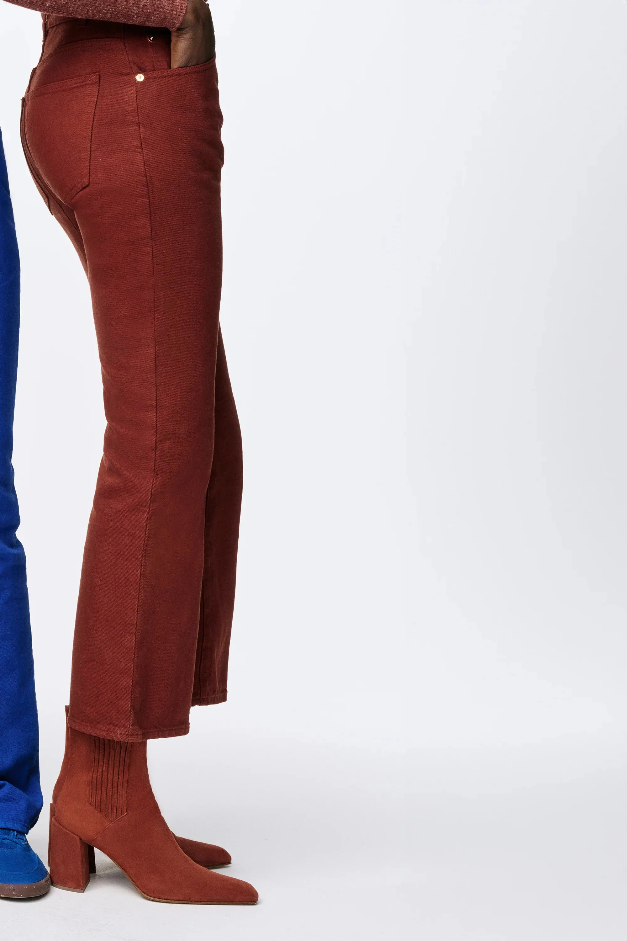 Ezra Bootcut Cropped Jean in Burnt Sienna Recycled Cotton Denim RibbedCollar Vintage Pullover