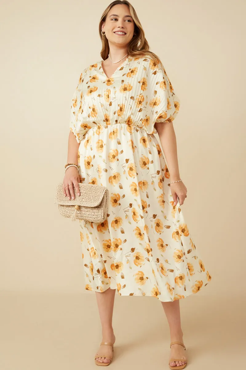Satin Floral Pleated Dolman Sleeve Dress Pleated-Skirt