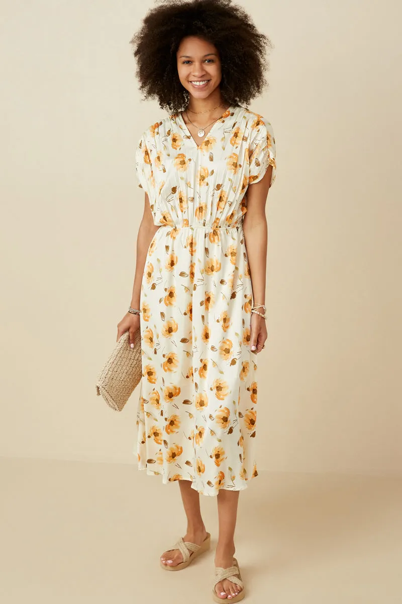 Slim Shape Hidden Zipper Satin Floral Pleated Dolman Sleeve Dress