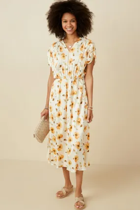 Satin Floral Pleated Dolman Sleeve Dress Grab Quick travel mode