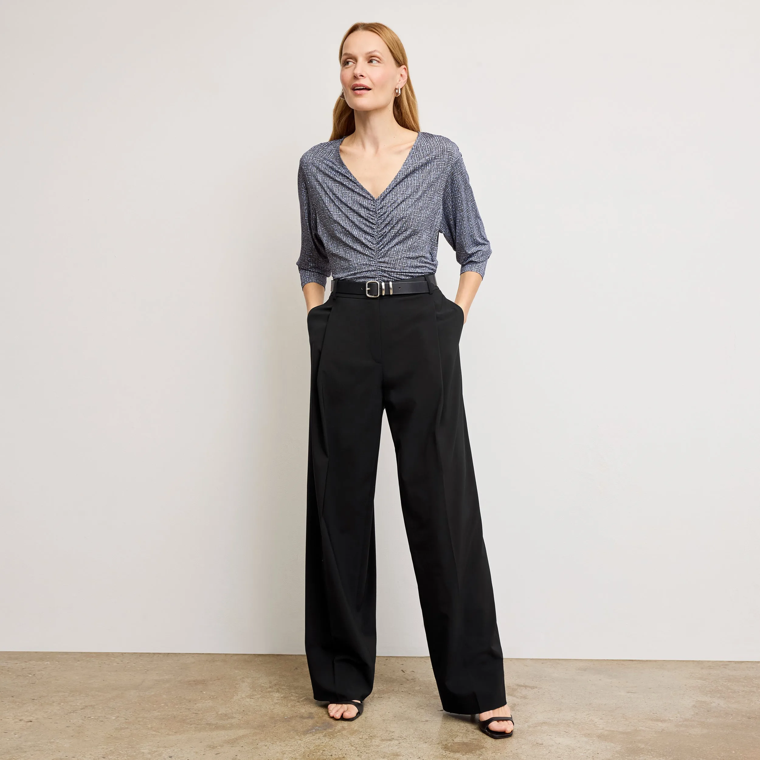 Garment Washed Softness Amina Ruched Top - Printed Jersey :: Blueprint Sketch Upcycled Material Innovation