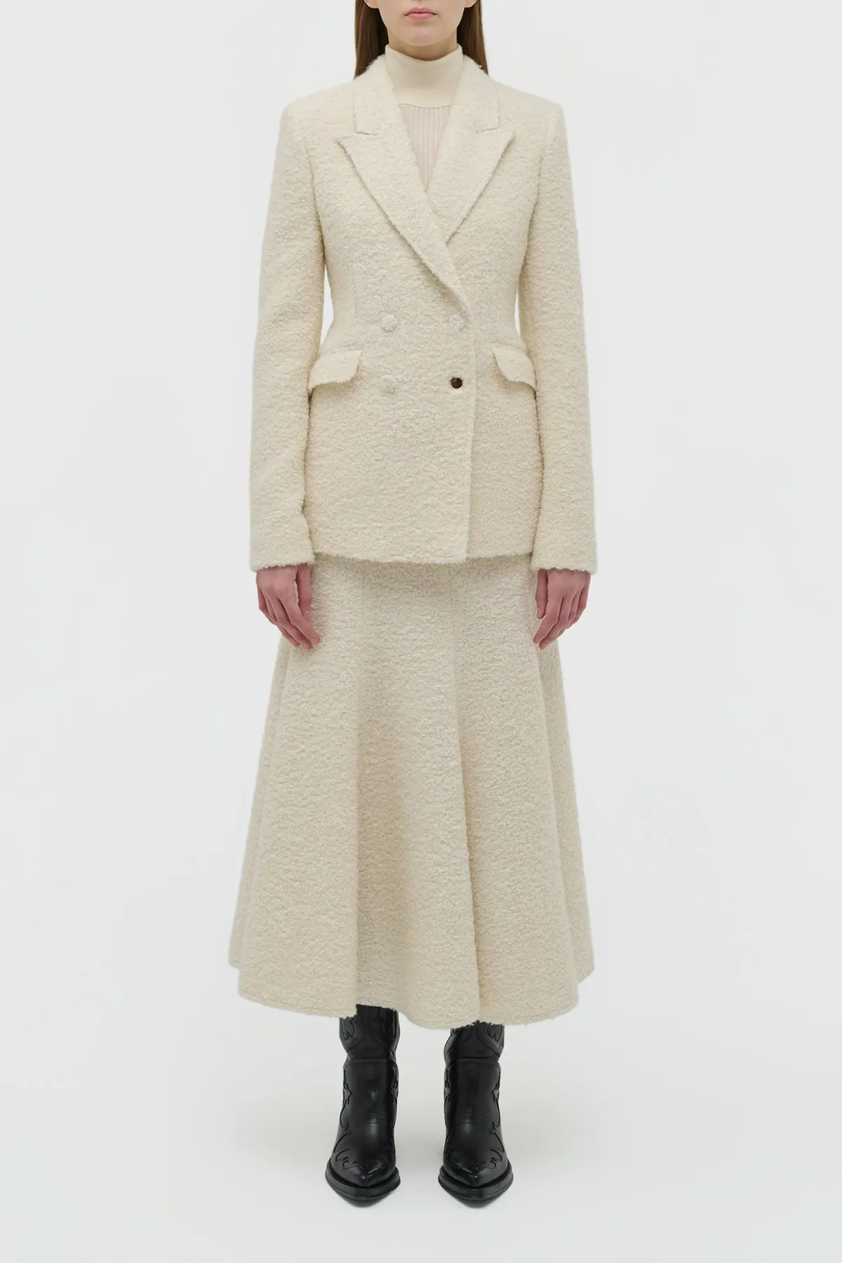 Circular Knit Technology Compact TravelFriendly Design Amy Midi Skirt in Ivory Recycled Cashmere Boucle