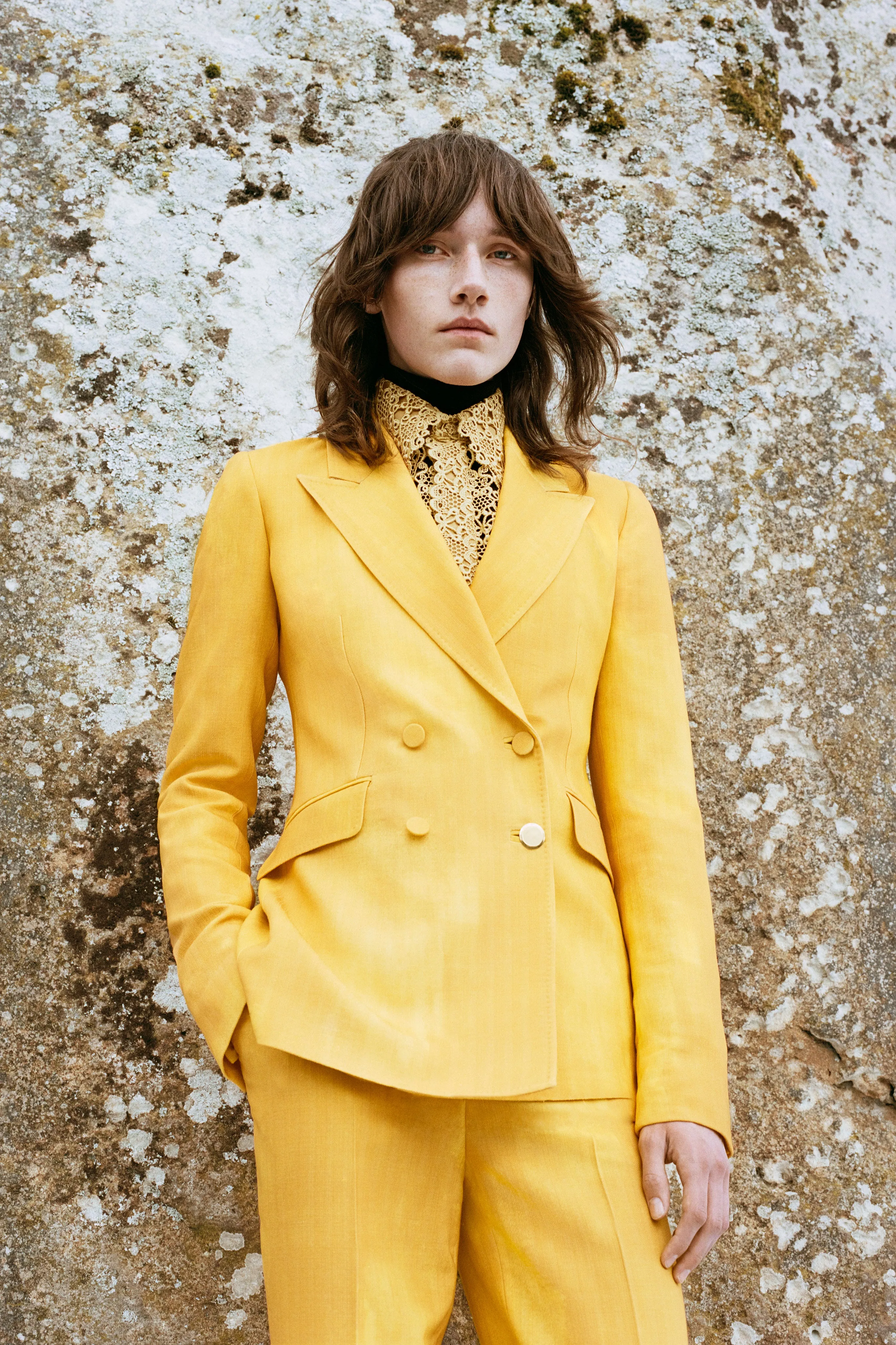 Angela Blazer in Cadmium Yellow Virgin Wool RibbedNeckline
