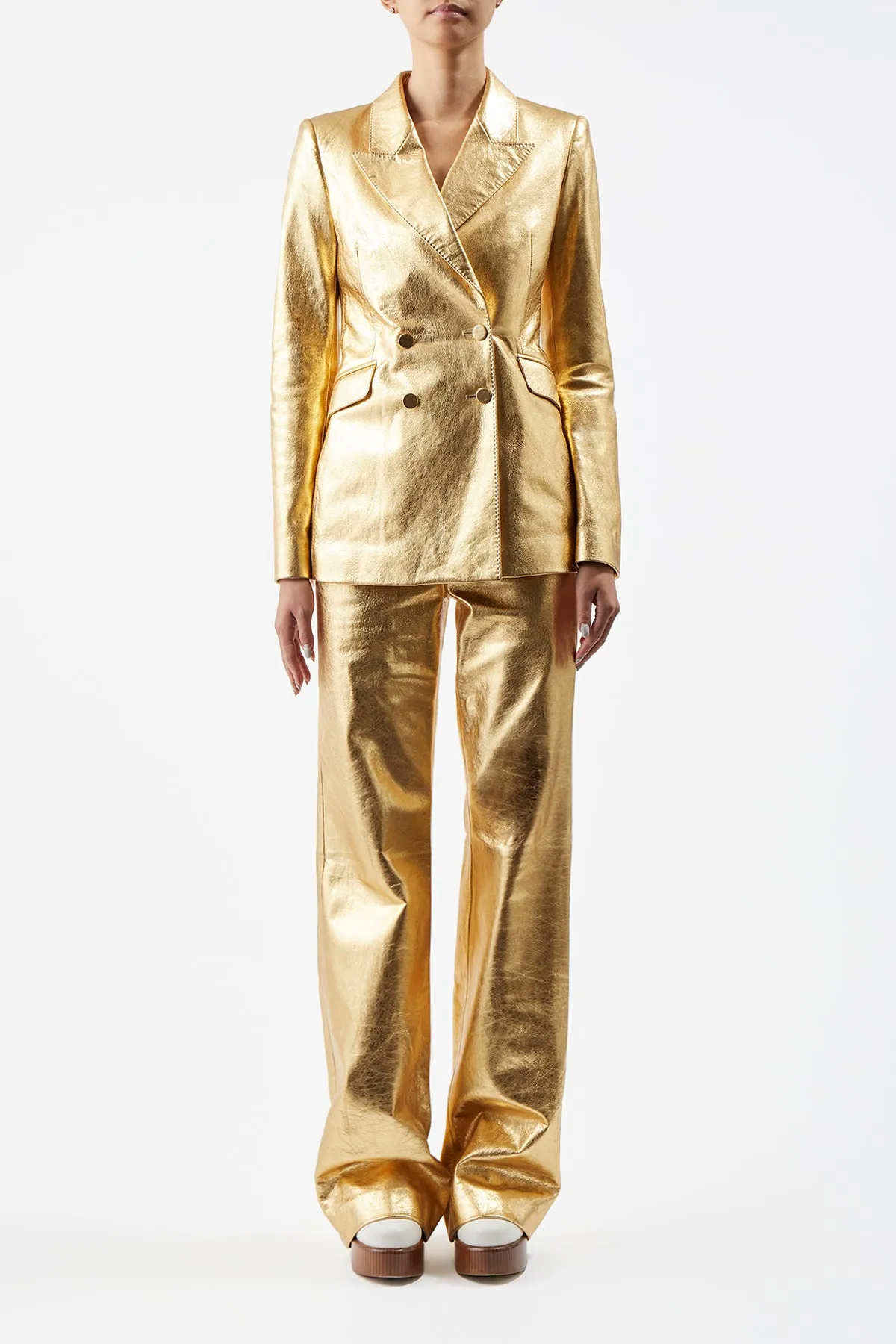 Angela Blazer in Gold Metallic Nappa Leather Moisture Control Lining Wrinkle Resistant Textile