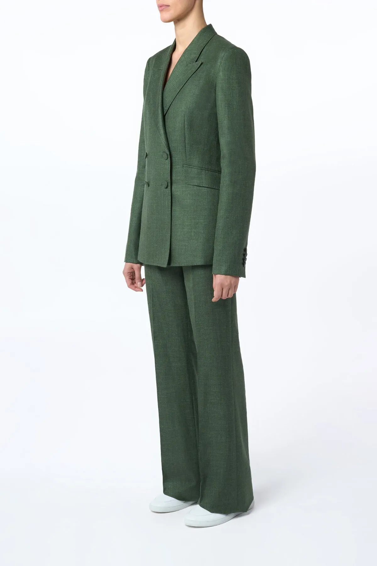 Angela Blazer in Olive Virgin Wool Silk with Linen Versatile Base Layer Airflow Weave Pattern