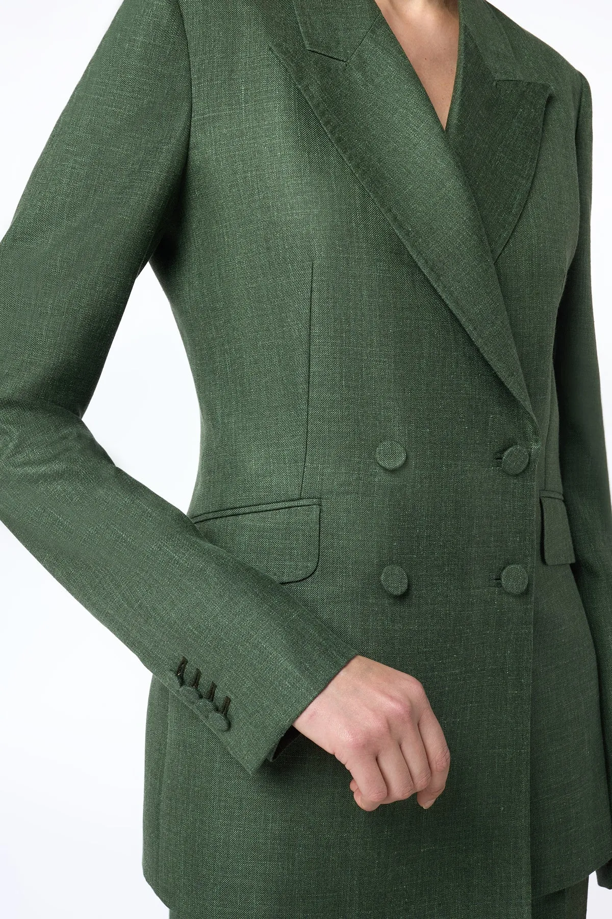 Angela Blazer in Olive Virgin Wool Silk with Linen Hygroscopic Inner Layer Anti Pilling Technology