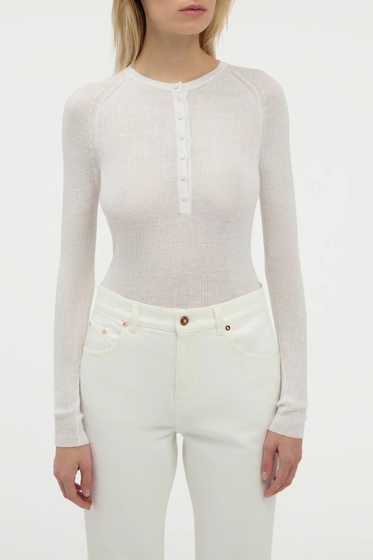 Anges Knit Henley in Ivory Cashmere Silk with Hemp Soft Blended Fabric NonRestrictiveCut