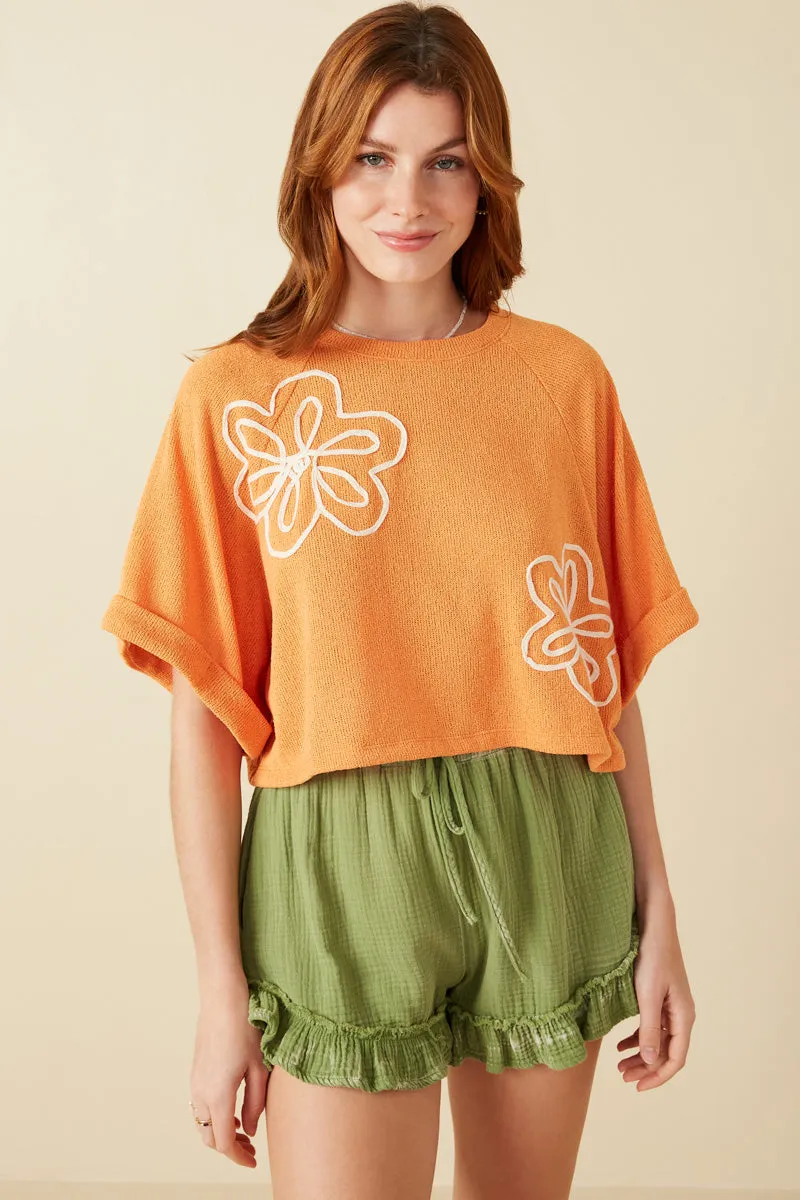 Floral Embroidered Dolman Sleeve Knit Tee Buttery Soft Handfeel