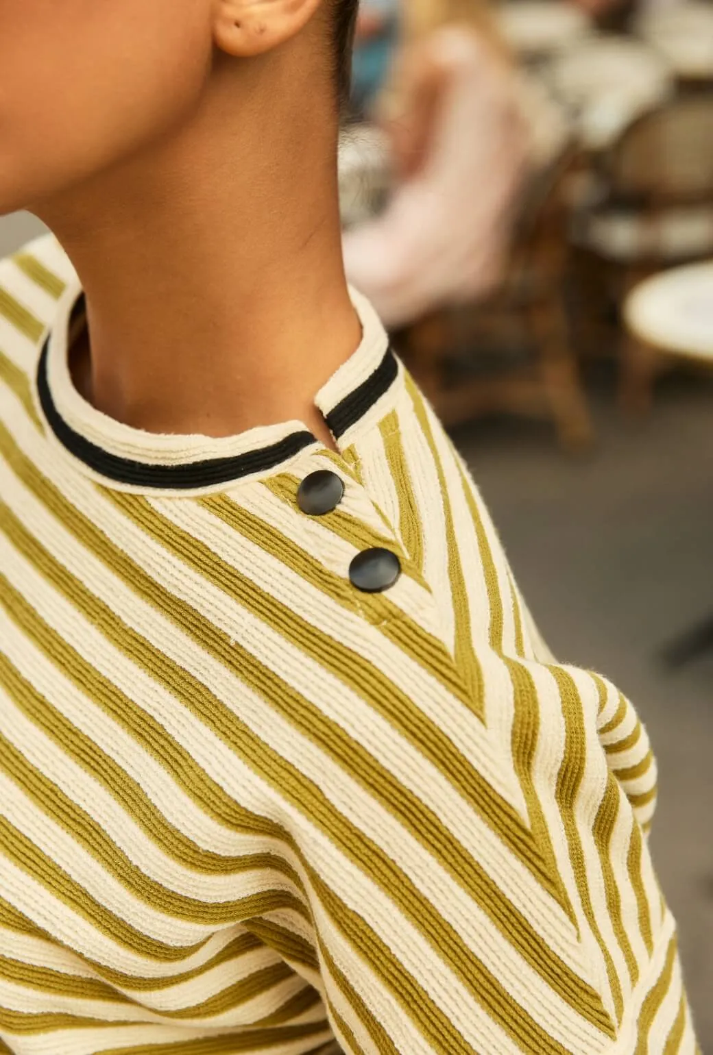 Snappy Pullover - Moss Striped Terry NonChafe Tag Placement