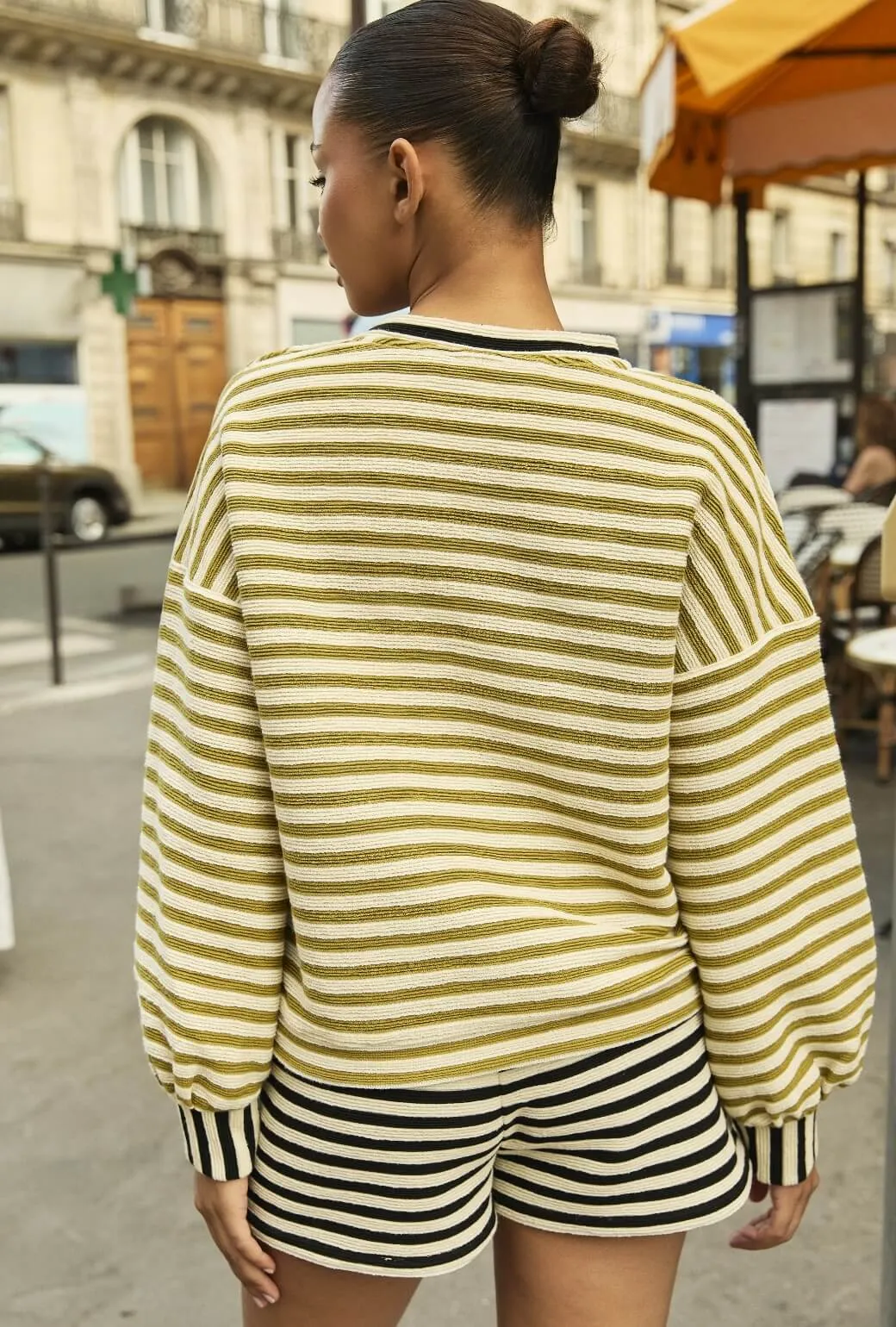 Snappy Pullover - Moss Striped Terry Double Layered Hem Reinforcement
