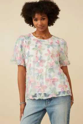 Sequined Floral Applique Bubble Sleeve Top TumbleDryFriendlyMaterial