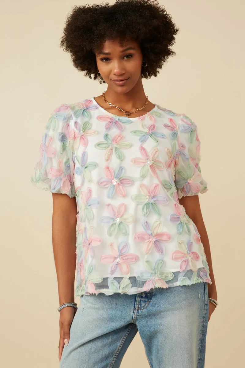 Reinforced Shoulder Sequined Floral Applique Bubble Sleeve Top