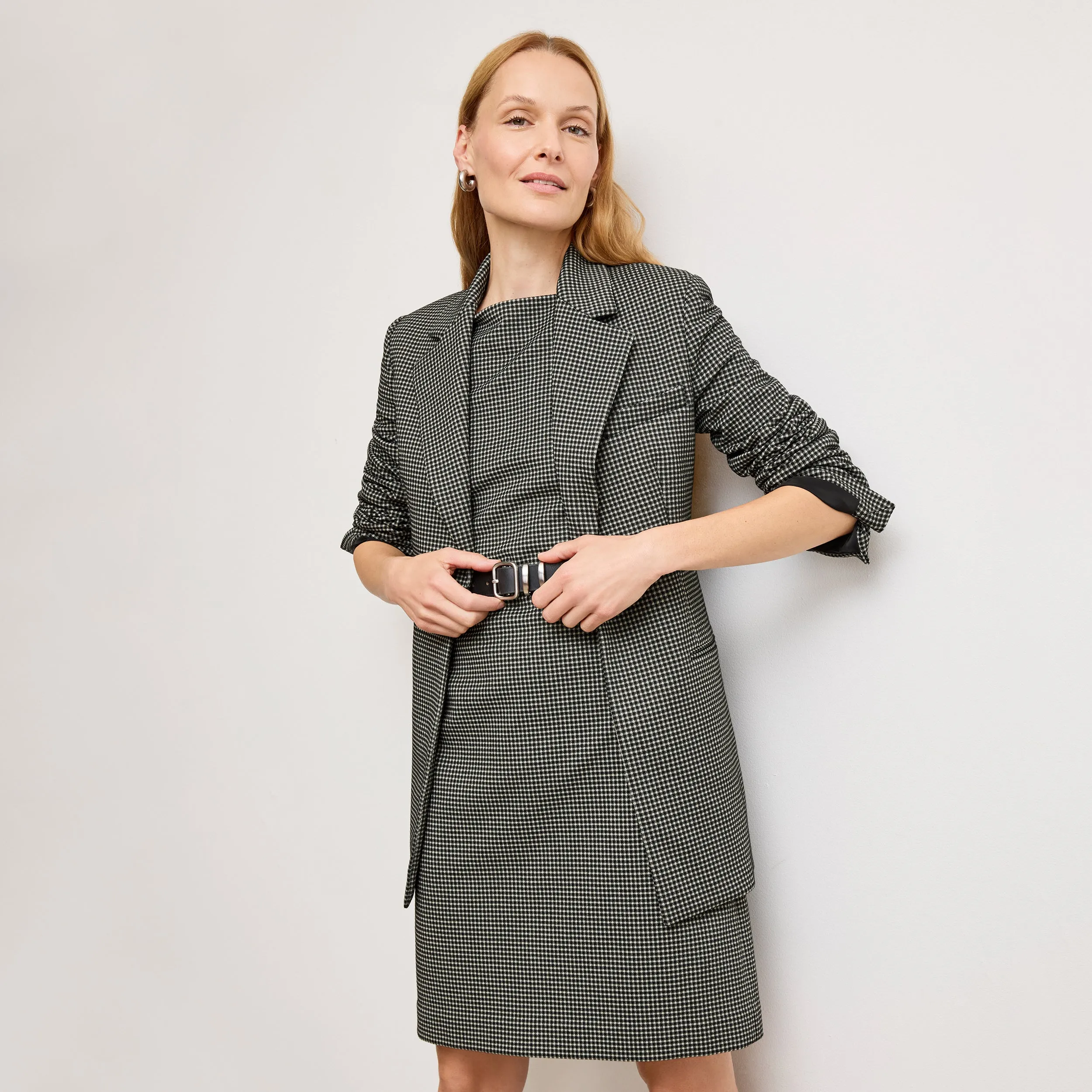 Reflective Trim Details Joanie Shift Dress - Knit Suiting :: Classic Check DoubleLayered Collar