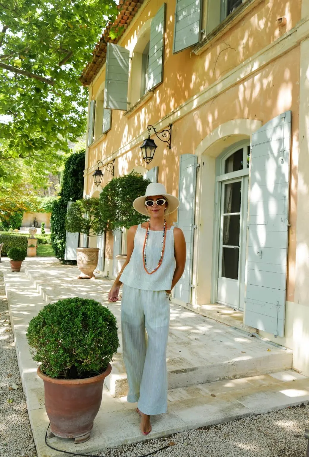 Non Slip Waistband Buru x Megan Stokes Wide Leg Trouser - Green Linen Stripe