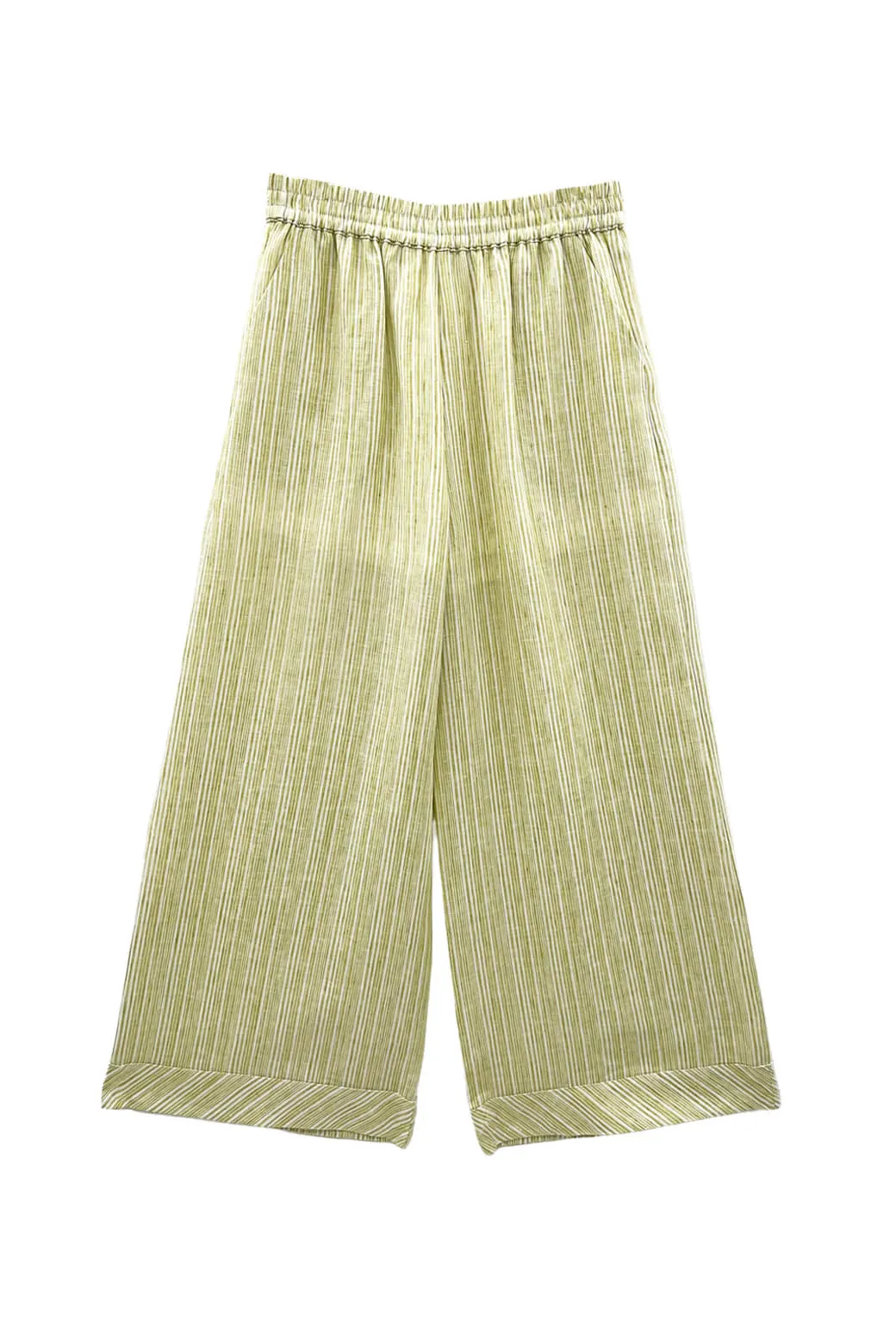 Wrinkle Resistant Finish Eco Dye Process Buru x Megan Stokes Wide Leg Trouser - Green Linen Stripe