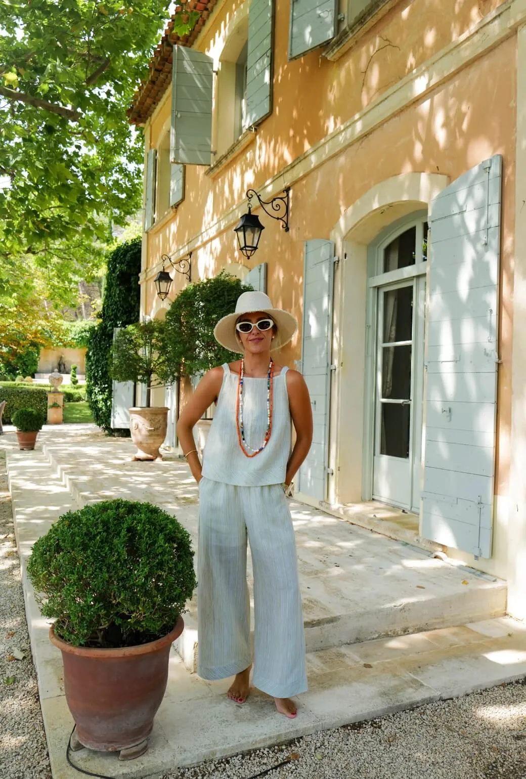 Buru x Megan Stokes Wide Leg Trouser - Green Linen Stripe High-rise waist Structured Hemline