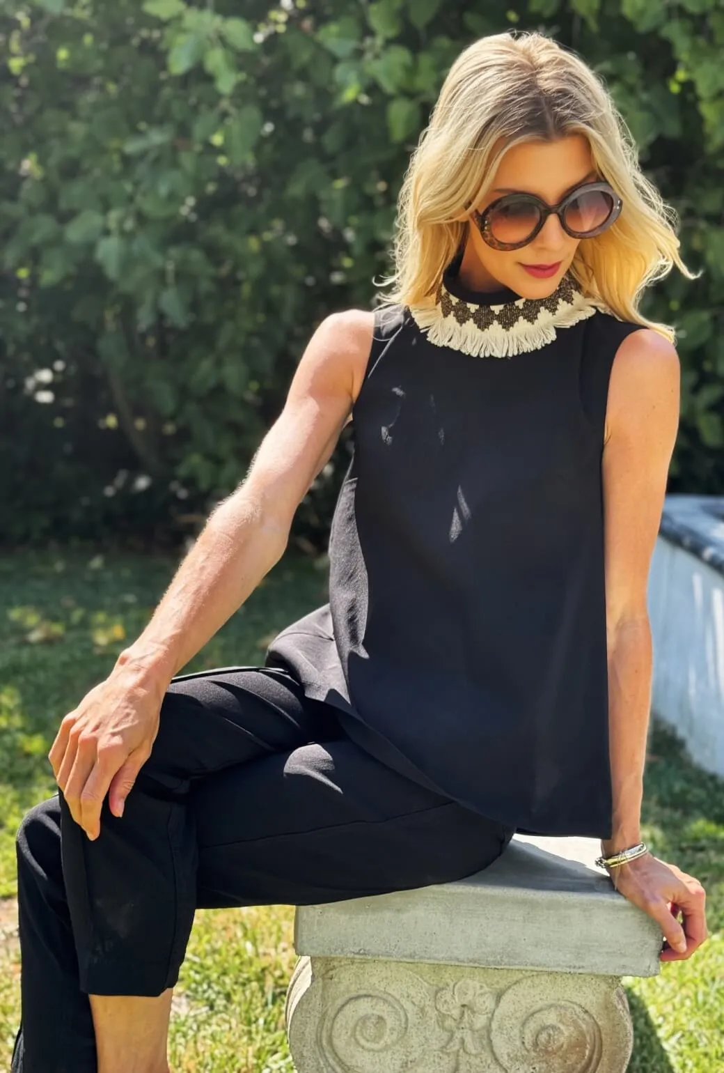 Mod Top - Black with Ivory Fringe Comfortable Wear Tagless Neckline