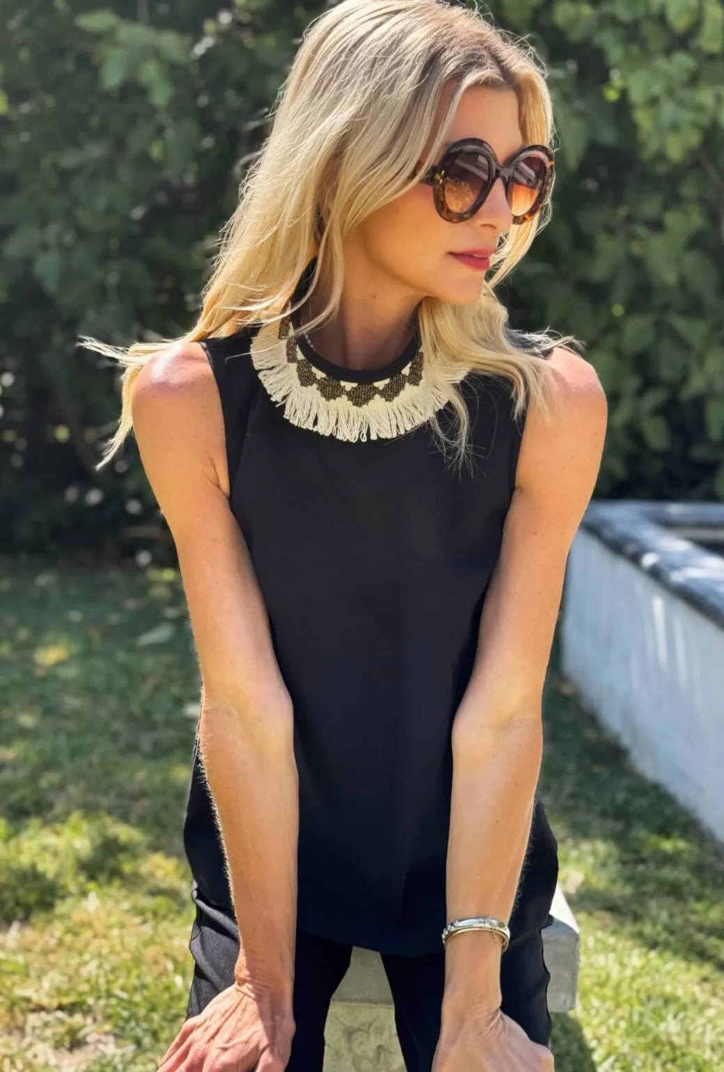 Mod Top - Black with Ivory Fringe AntiPillTreatment