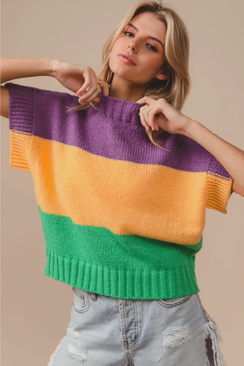 IT1388G-15 | MARDI GRAS COLOR BLOCK DROP SHOULDER SWEATER TOP Layered Protection TaglessDesign