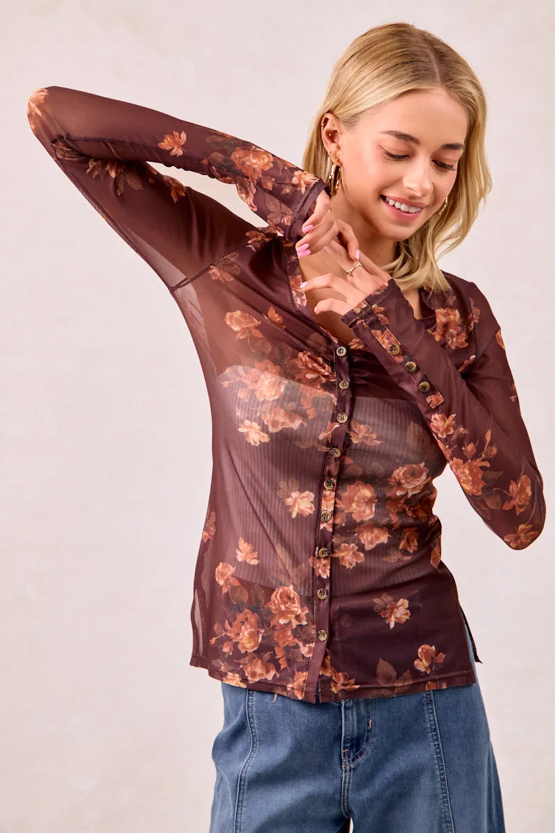 IT4487S-02 | FLOWER PRINTED MESH BUTTONED V NECK TOP Urban Cool