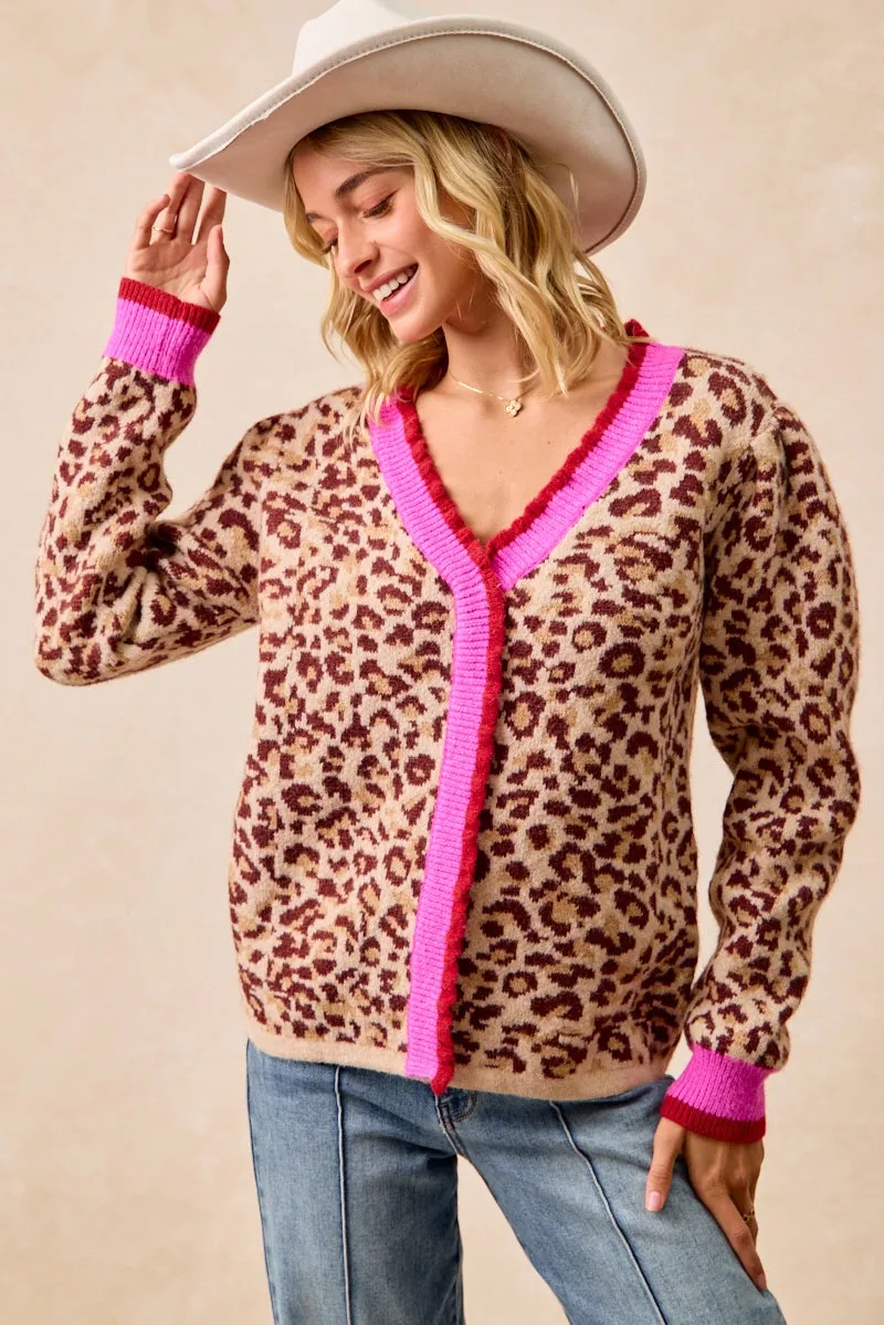 Non Irritating Seams Layer Essential IT4595-01 | LEOPARD ARTWORK PULLOVER SWEATER TOP CONTRAST EDGE