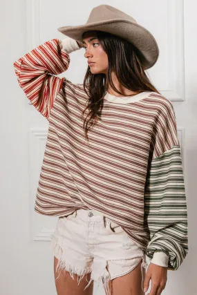 Modern Drop Tail Hem IP9107G-03 | STRIPED KNIT COLOR BLOCK PULLOVER