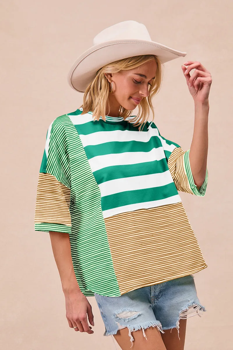 Relaxed Layers Ultra Lightweight Design IT4001-03 | STRIPE MIX AND MATCH RAW CUT DETAILS SHORT SLEEVES TOP