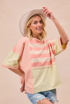 IT4001-03 | STRIPE MIX AND MATCH RAW CUT DETAILS SHORT SLEEVES TOP Rubberized Edging TemperatureRegulating Fabric