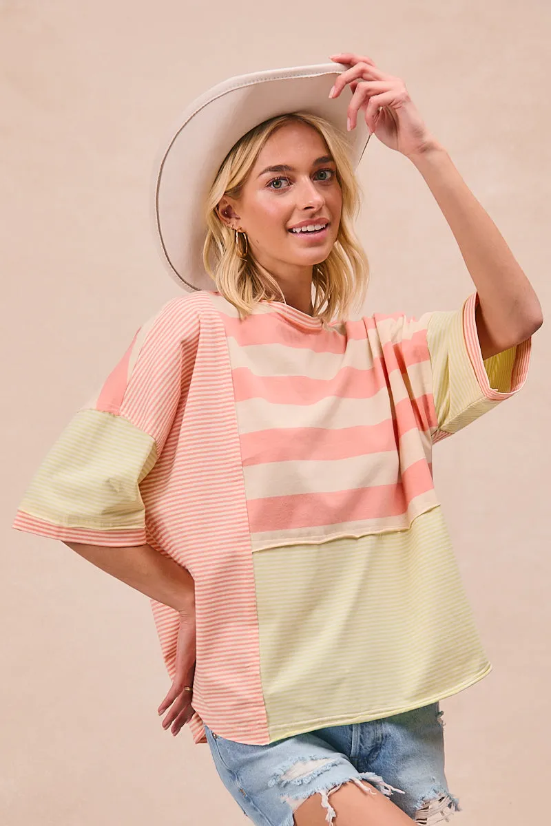 IT4001-03 | STRIPE MIX AND MATCH RAW CUT DETAILS SHORT SLEEVES TOP Rubberized Edging TemperatureRegulating Fabric