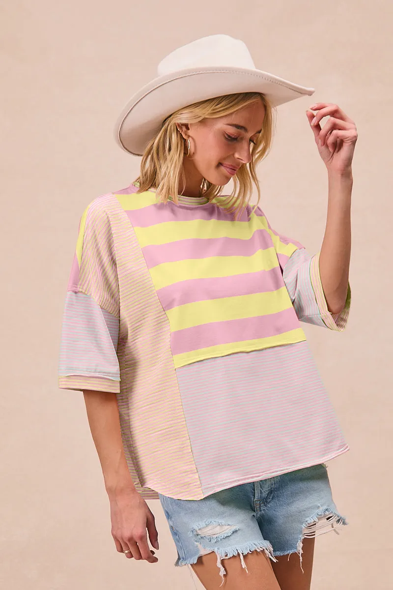 IT4001-03 | STRIPE MIX AND MATCH RAW CUT DETAILS SHORT SLEEVES TOP Down Filled