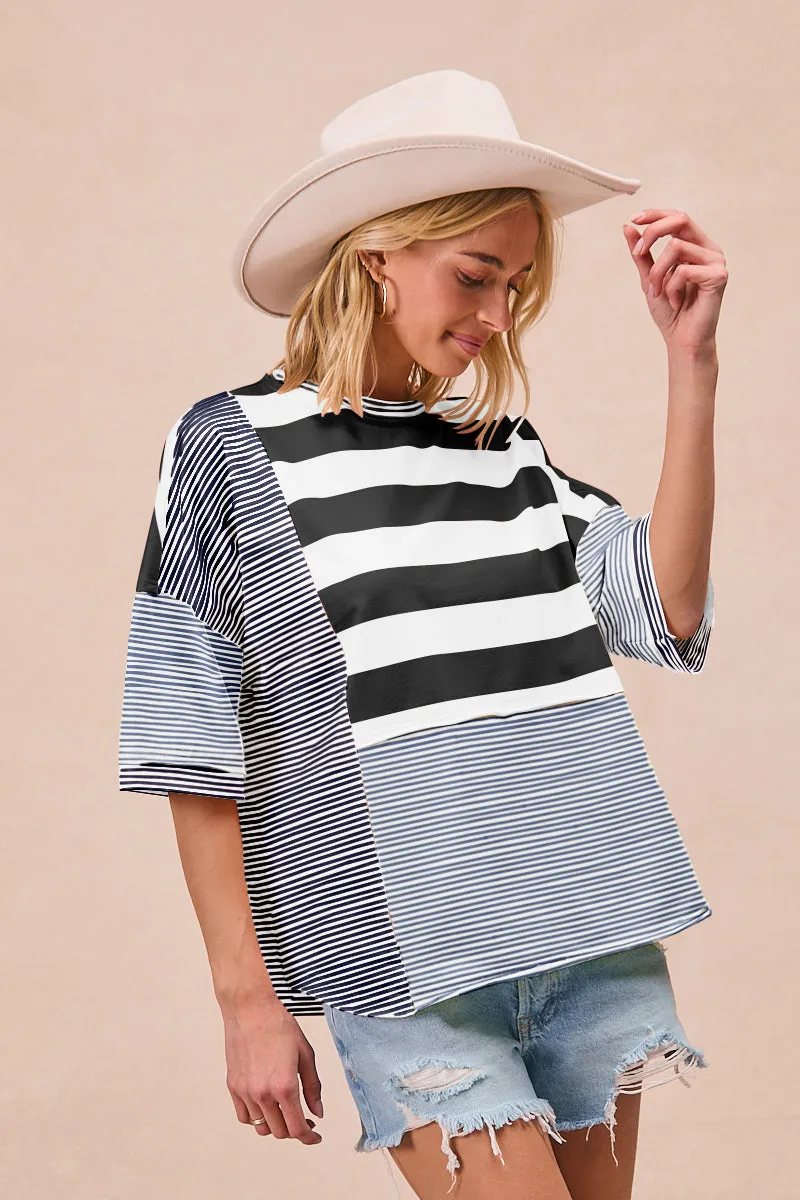 IT4001-03 | STRIPE MIX AND MATCH RAW CUT DETAILS SHORT SLEEVES TOP Commuter Friendly Look