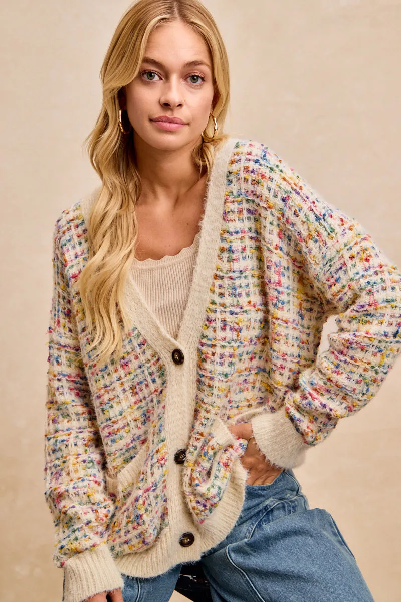 IT4896-01 | MULTI COLOR TEXTURED KNIT BUTTONED CARDIGAN FrictionFreeNeckline