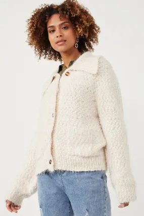Non Slip Collar Minimal Detailing Fuzzy Popcorn Knit Button Up Collared Sweater Cardigan