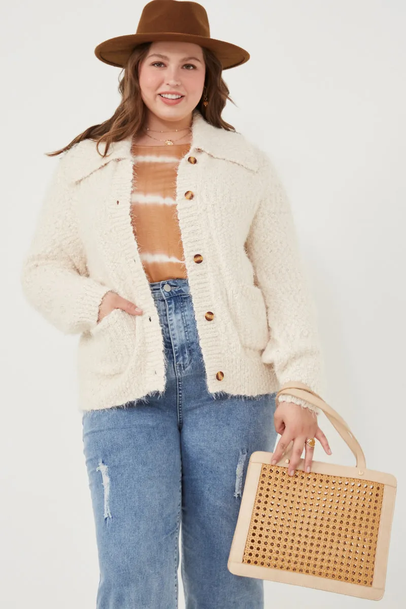Fuzzy Popcorn Knit Button Up Collared Sweater Cardigan FullCoverageHood ReinforcedStressPoints