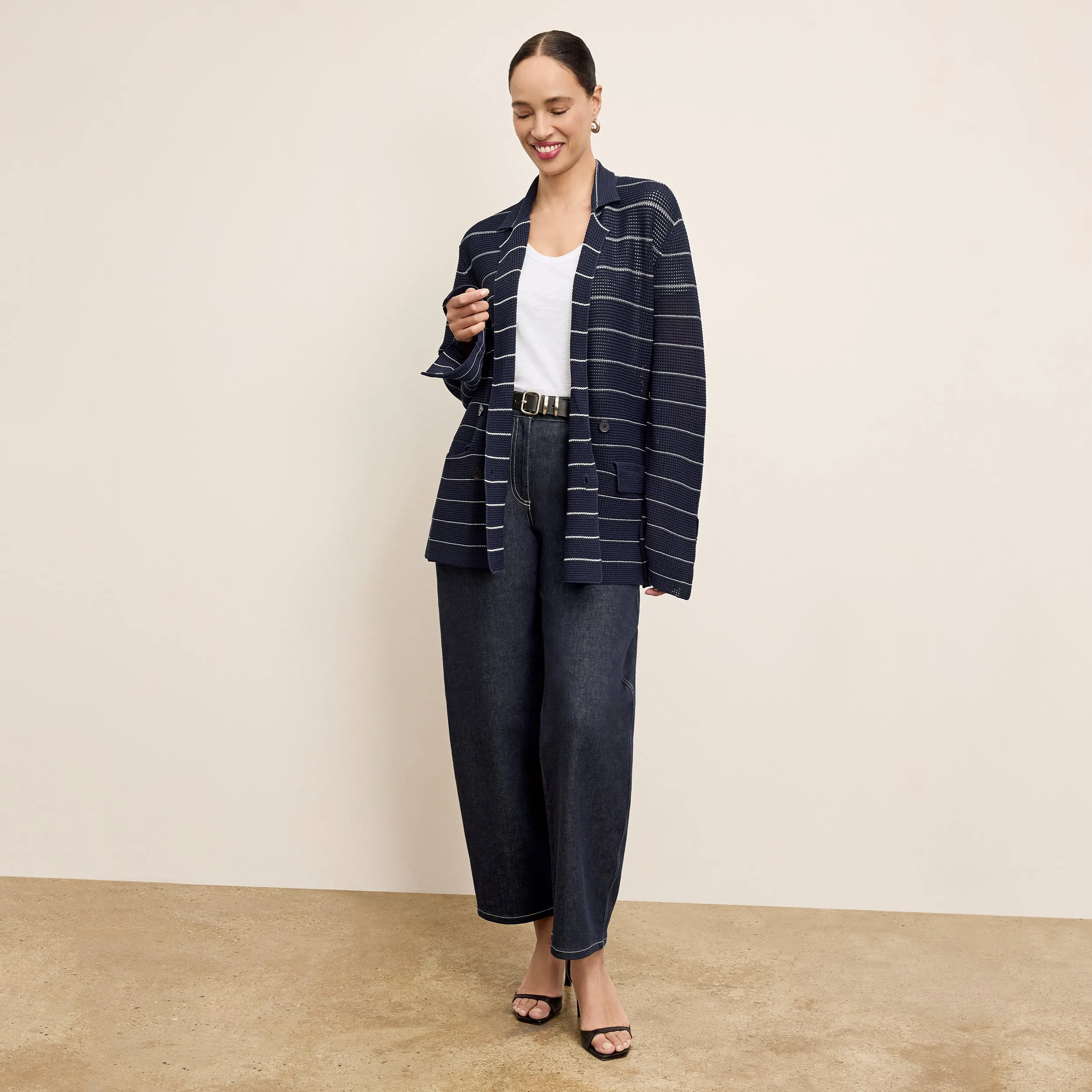 Non Restrictive Cut Cody Boyfriend Jardigan - Dot Jardigan Knit :: Dark Navy/Ivory