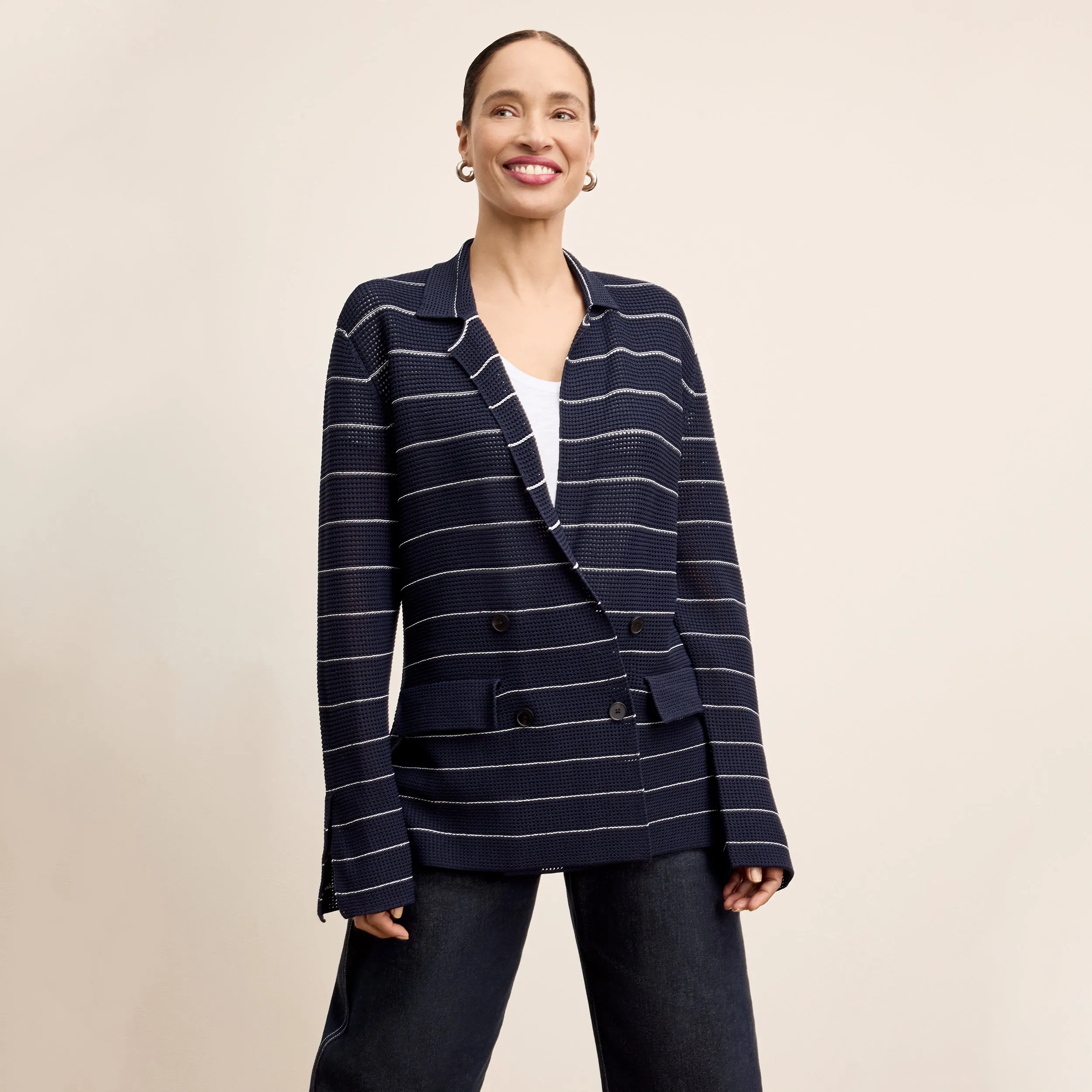 anti slip grip Cody Boyfriend Jardigan - Dot Jardigan Knit :: Dark Navy/Ivory Convertible Design Lightweight insulation