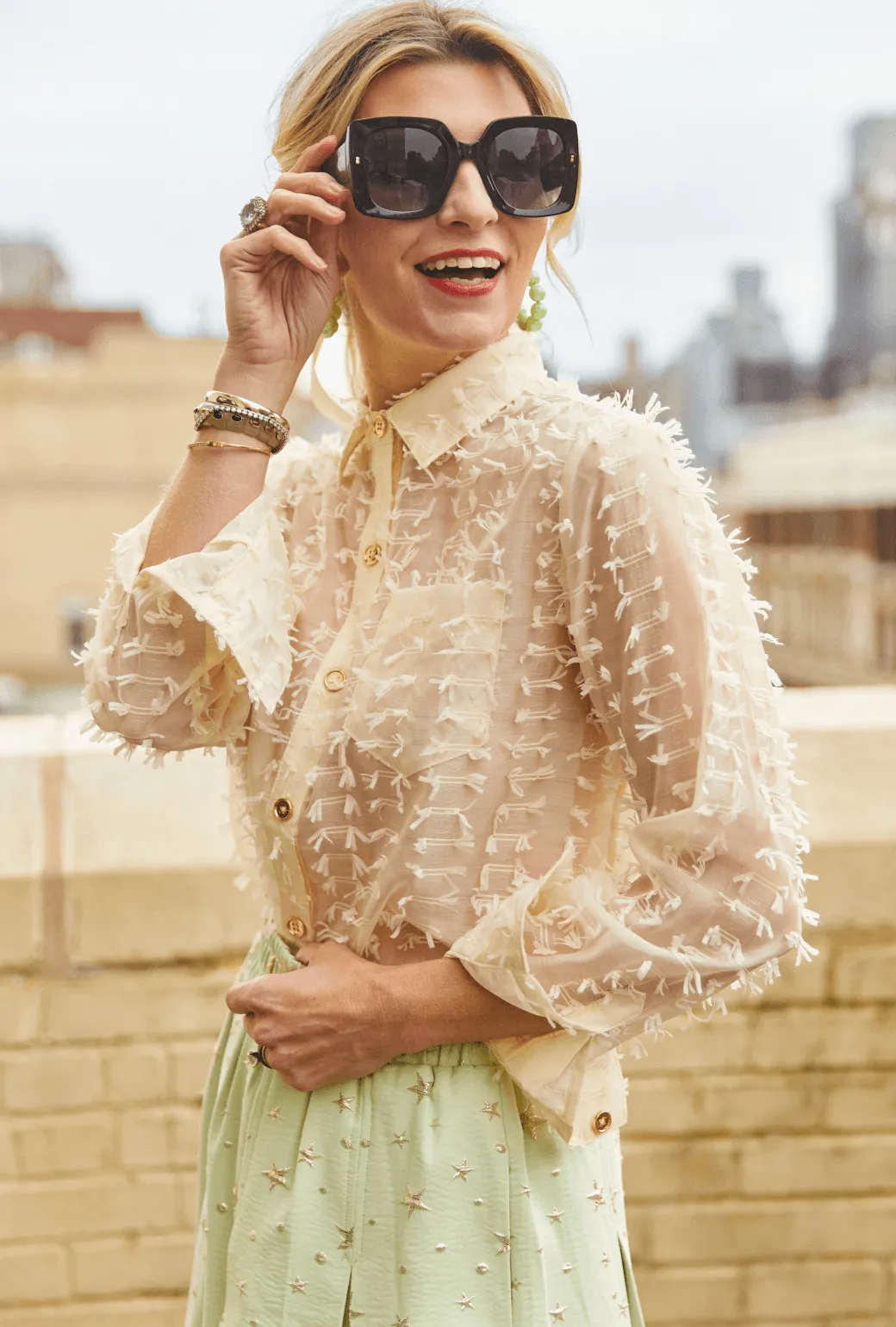 Breathable Microfiber Mel Button Down Shirt - Ivory Bows