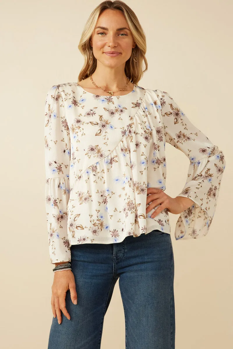 SeamlessConstruction Textured Satin Floral Asymmetric Peasant Sleeve Top
