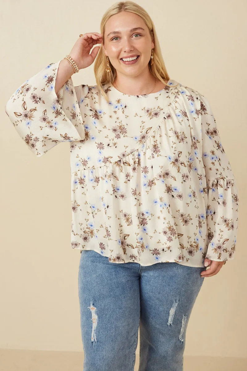 DurableReinforcement Flowy Tunic Textured Satin Floral Asymmetric Peasant Sleeve Top