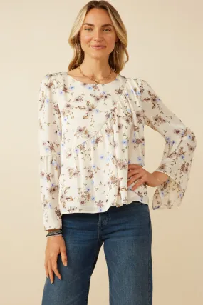 Stretch Fabric Textured Satin Floral Asymmetric Peasant Sleeve Top
