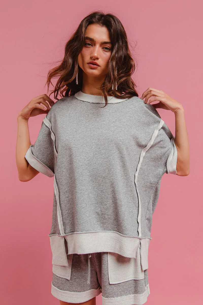 Neutral Look IT4047R-01 | FRENCH TERRY KNIT CUT EDGE ROUND NECK TOP WITH SIDE SLIT