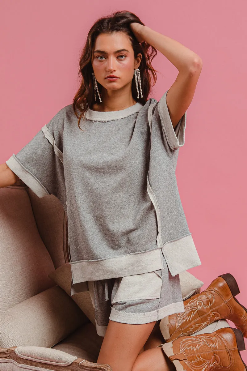 Quilted Pattern Daily Commute IT4047R-01 | FRENCH TERRY KNIT CUT EDGE ROUND NECK TOP WITH SIDE SLIT