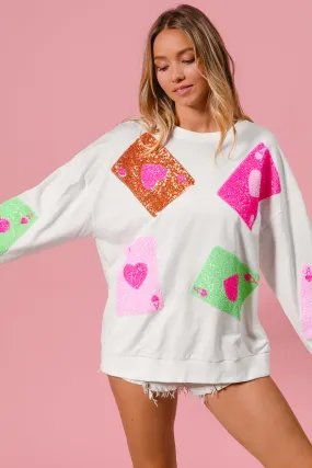 HighVisibility Trims Stretchable Cuffs IT1508G-40 | SEQUIN HEART ACE CARDS EMBROIDERY PULLOVER