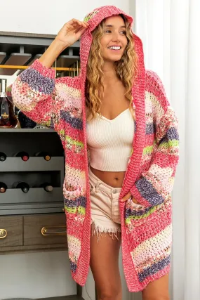 IP8208G-01 | MULTI COLOR STRIPES OPEN LONG SWEATER HOOD CARDIGAN Lightweight insulation