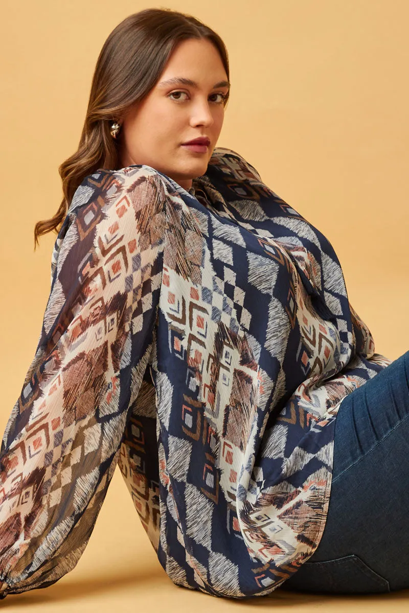 Printed Chiffon Tassel Top Interlock Weave Soft Sweater