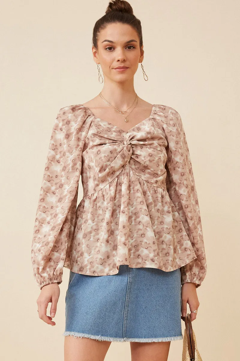 Floral Print Twist Front Smocked Back Top Airflow Weave Pattern