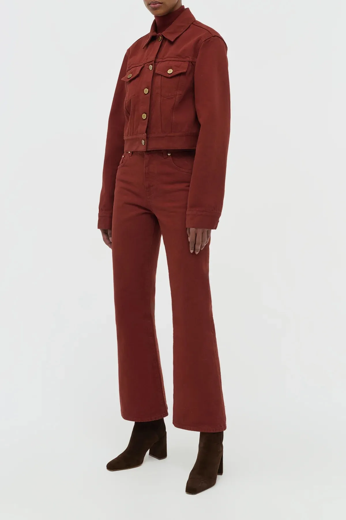 Bronte Jacket in Burnt Sienna Recycled Cotton Denim MoistureWicking Material BoxySilhouette