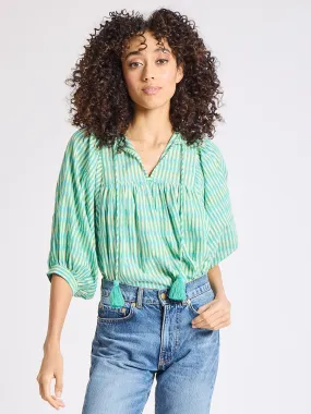 Thalia Top in Green & Blue Ikat SeamlessKnitConstruction Weighted Hem Design